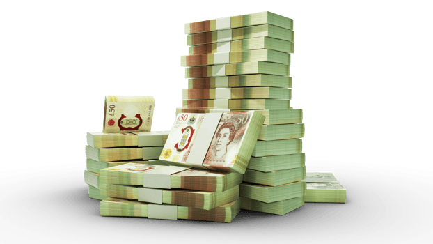 Stacks of 50 British pound notes. money on transparent background. 3d rendering of bundles of cash png