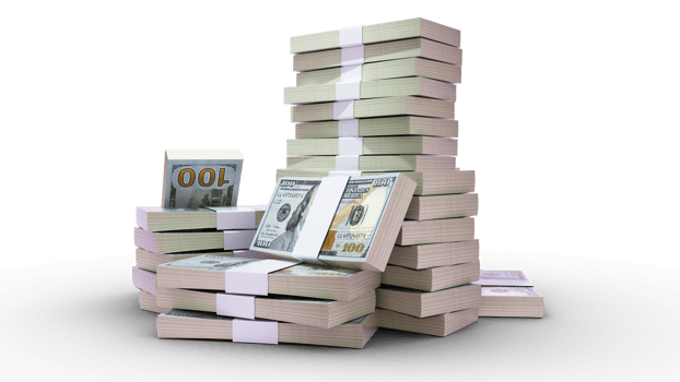 Stacks of 100 US dollar notes on top of pedestal. money on transparent background. 3d rendering of bundles of cash png