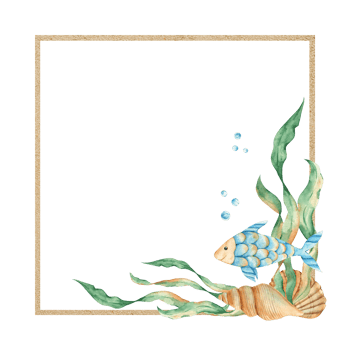 Marine square frame, sand texture with cute fish, seaweeds, red starfish, seashells and water bubbles. Underwater world. Watercolor hand drawn illustration for children. For cards, logos png