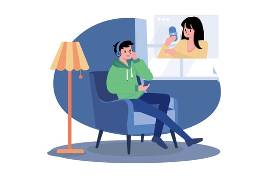 Man Sitting On The Sofa And Listening To The Podcast vector