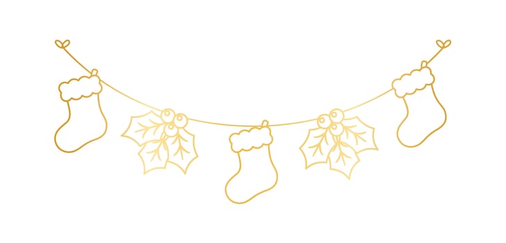 Gold Christmas Stocking and Mistletoe Garland Outline Doodle Vector Illustration, Christmas Festive Winter Holiday Season Bunting