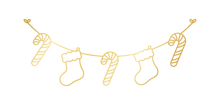 Gold Christmas Stocking and Candy Cane Garland Outline Doodle Set Vector Illustration, Christmas Graphics Festive Winter Holiday Season Bunting
