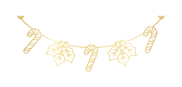 Gold Christmas Mistletoe and Candy Cane Garland Outline Doodle Vector Illustration, Christmas Festive Winter Holiday Season Bunting