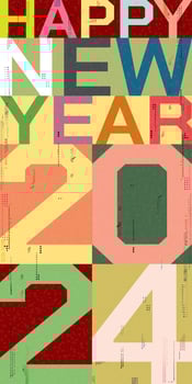 Colorful Happy New Year 2024 calligraphy retro style vertical flat design vector illustration with risograph printing effect.