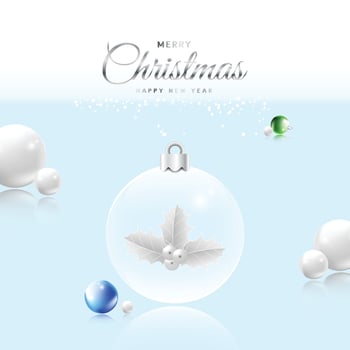 Merry Christmas design with xmas crystal ball on bright blue background vector
