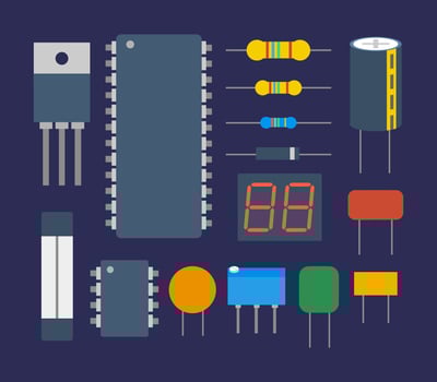 A vector illustration showcasing electronic components sets, encompassing microchips, capacitors, resistors, fuses, and more, on a dark background.