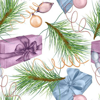Christmas seamless pattern of gift boxes, Christmas decorations digital illustration. Present, wrapping ribbon hand drawn. Print for holiday, 2024 new year wrapping, paper, textile. png