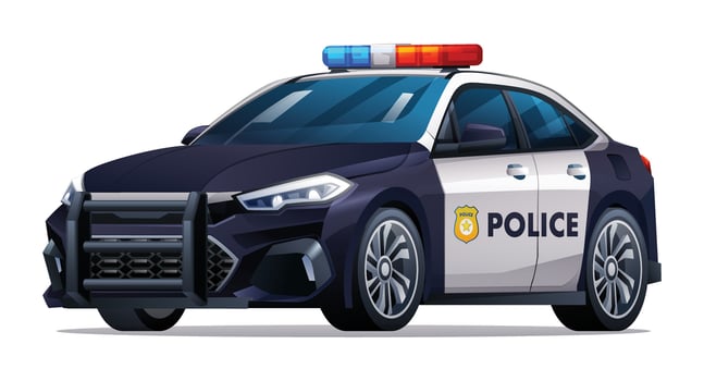 Police car vector illustration. Patrol official vehicle, sedan car isolated on white background