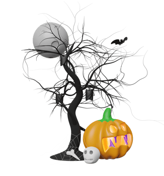 3d happy halloween party with full moon, bats, pumpkin head, tree, skull  isolated. 3d render illustration png