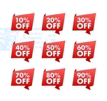 Sale tags. Special offer discount tag 10, 10, 20, 30, 40, 50, 60, 70, 80, 90 percent off price. Discount promotion vector