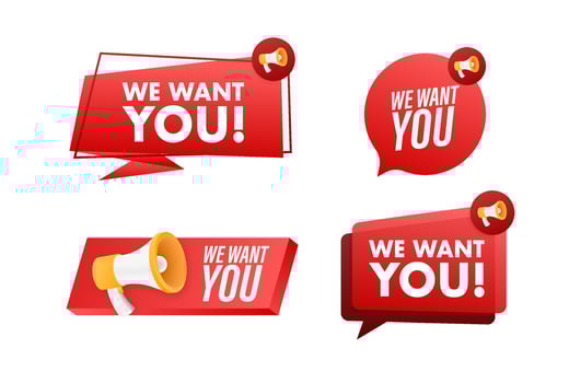 Megaphone label set with text we want you. Megaphone in hand promotion banner. Marketing and advertising vector