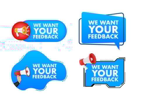 Megaphone label set with text We Want Your Feedback. Megaphone in hand promotion banner. Marketing and advertising vector