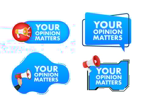 Megaphone label set with text your opinion matters. Megaphone in hand promotion banner. Marketing and advertising vector