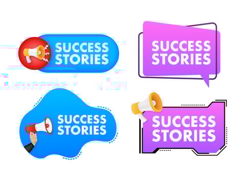 Megaphone label set with text Success stories. Megaphone in hand promotion banner. Marketing and advertising vector