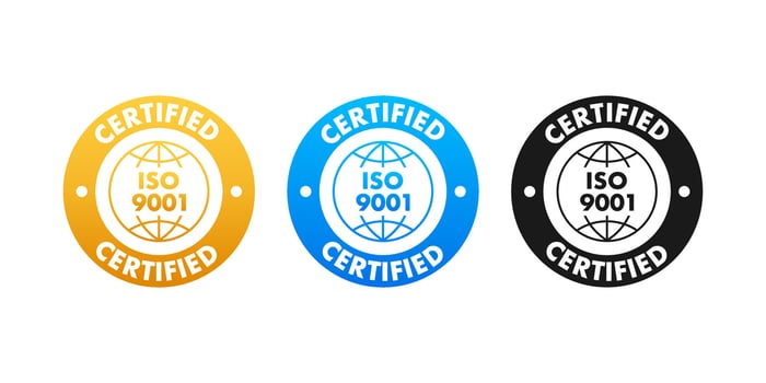 ISO 9001 Certified badge, icon. Certification stamp. Flat design vector illustration.