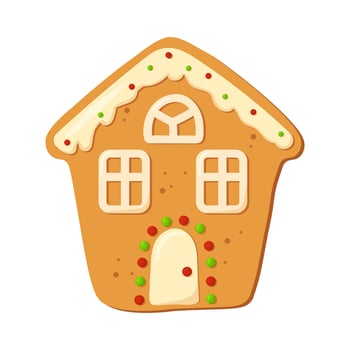 Gingerbread house isolated on white background. Christmas gingerbread cookie. Winter holiday food. Happy new year. Merry Christmas holiday. Vector illustration.