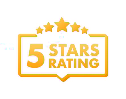 5 star rating. Badge with icons on white background. Vector illustration.