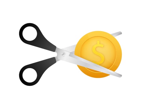 Scissors cutting money bill in flat style. Price, cost reduction or cut price. Vector stock illustration.