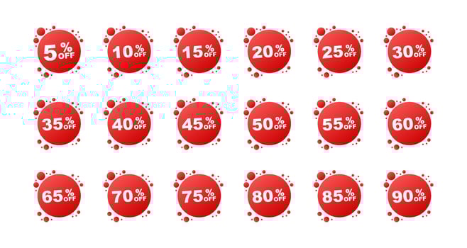 Sale tags. Special offer discount tag 10, 10, 20, 30, 40, 50, 60, 70, 80, 90 percent off price. Discount promotion vector