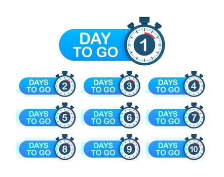 Days countdown. Days to go 1 2 3 4 5 6 7 8 9 10. The days left badges set. Product limited promo vector