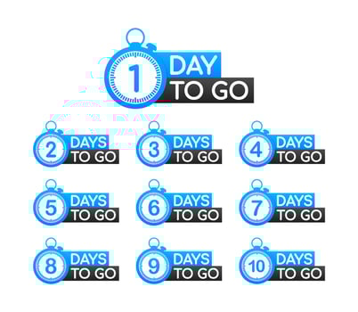 Days countdown. Days to go 1 2 3 4 5 6 7 8 9 10. The days left badges set. Product limited promo vector
