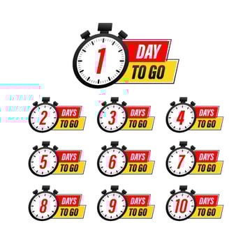 Days countdown. Days to go 1 2 3 4 5 6 7 8 9 10. The days left badges set. Product limited promo vector