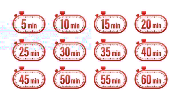 Timer, stopwatch icons set 10 20 30 40 50 60 minutes. Cooking time. vector