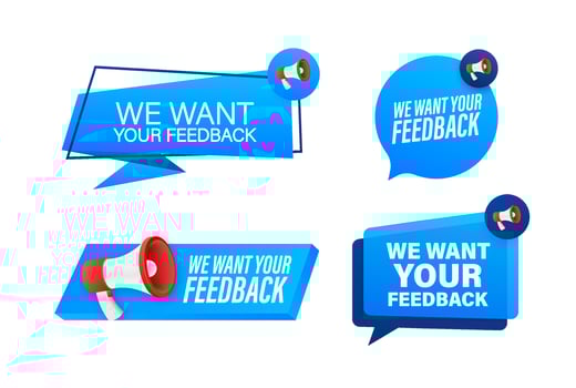 Megaphone label set with text we want your feedback. Megaphone in hand promotion banner. Marketing and advertising vector