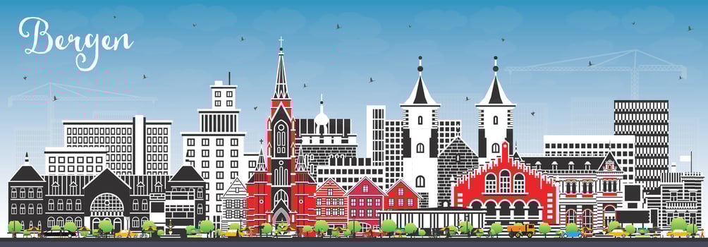 Bergen Norway City Skyline with Color Buildings and Blue Sky. Bergen Cityscape with Landmarks. vector