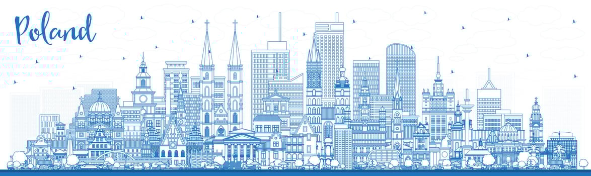 Outline Poland City Skyline with Blue Buildings. Poland Cityscape with Landmarks. vector