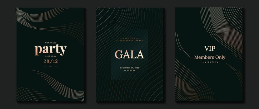 Luxury invitation card background vector. Golden curve elegant, gold line gradient on dark green color background. Premium design illustration for gala card, grand opening, party invitation, wedding. vector