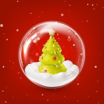 3d Merry Christmas and Happy New Year Concept Decoration Glass Ball Transparent inside Xmas Tree Cartoon Style. Vector