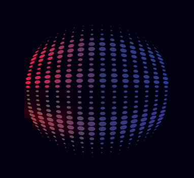 a red and blue halftone dot sphere on a black background, dot cmyk black gradient symbol logotype circular shape spiral halftone circle vector