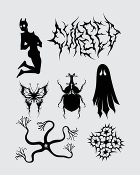 sharp metal symbol brutalism element shape collection set acid poster, tattoo, tribal illustration vector creepy tshirt design, symbol sick editable