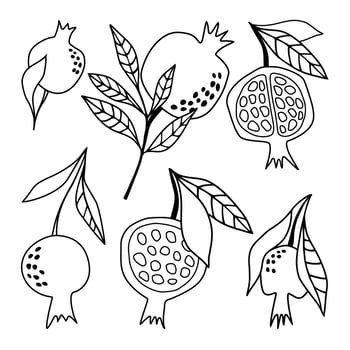Set of doodle pomegranates. Vector illustration isolated on white background. Coloring for children.