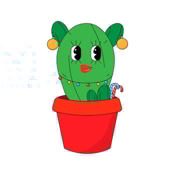 Christmas cactus psychedelic potted groovy cactus with candy. vector