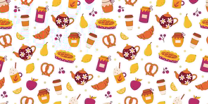 Seamless breakfast pattern with pie, jam, lemon. Tea party, home comfort with coffee and sweets. Vector background