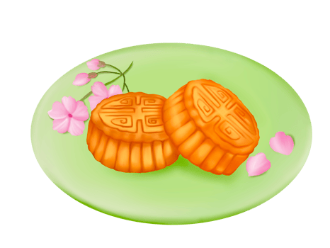 Two Chinese Moon Cakes put on a light green plate that has decorated With bloodsuckers with pink flower. Digital hand draw and paint, isolate image. png