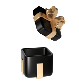 3d black Friday open gift box icon with golden ribbon bow transparent background. Render Shop Sale modern holiday. Realistic icon for present shopping banner or poster png