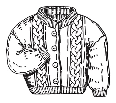 Doodle of knitted cardigan. Outline drawing of cold season clothes. Hand drawn vector illustration. Single clipart isolated on white background.