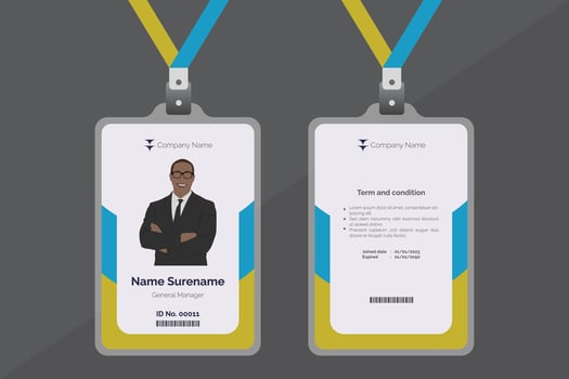 blue corporate id card template, clean id card design with realistic lanyard mockup vector