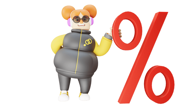 3D Illustration. Interactive Girl 3D cartoon character. Fat girl stands next to the percent giant symbol. Healthy girl wearing sports clothes. A girl uses glasses and headphones. 3D cartoon character png