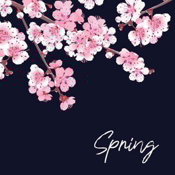 Vector romantic spring illustration. Invitation template with pink sakura. Floral greeting card. Beautiful print with blossoming dark and light cherry flowers on blue sky. Japanese wedding style.