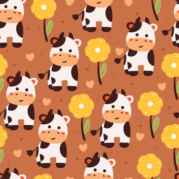 seamless pattern cartoon cow and flower. cute animal wallpaper for textile, gift wrap paper vector