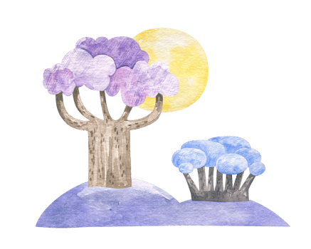watercolor composition with violet crown tree and blue bush, yellow sun. Isolated illustration png