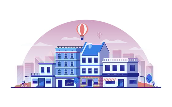 A cartoon illustration of a city with buildings and a hot air balloon vector