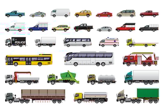 Various Types of Vehicles Car Van Bus Truck and Trailer. vector