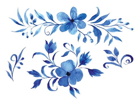 Watercolor drawing, blue ornament of flowers and leaves, Gzhel. abstract flowers vector