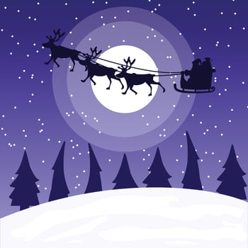 Silhouette Illustration of Santa Claus driving his sleigh at night above trees. Christmas illustration. vector