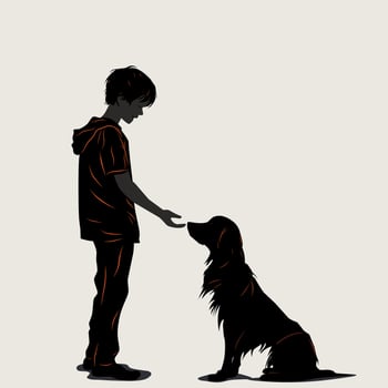 black and white illustration design of a human and his loyal dog on a white background vector